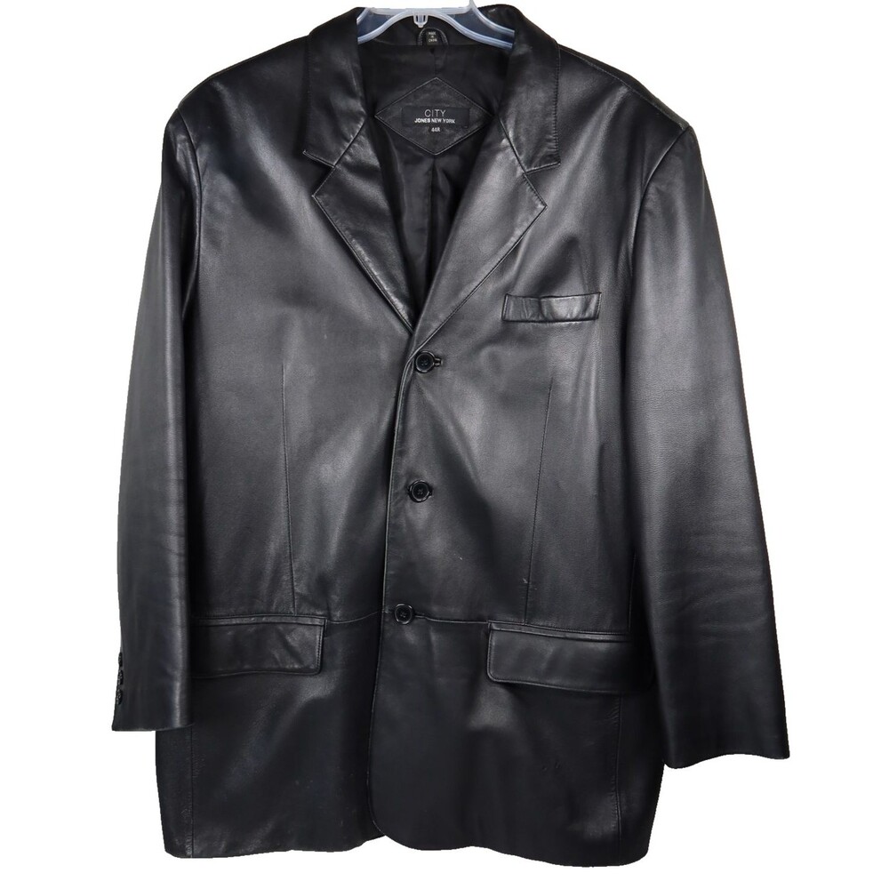 Vintage Jones New York Leather Jacket Men's Size 44R Black 3 Button Blazer